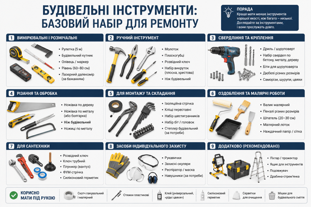 Інфографіка з переліком базових будівельних інструментів за категоріями застосування