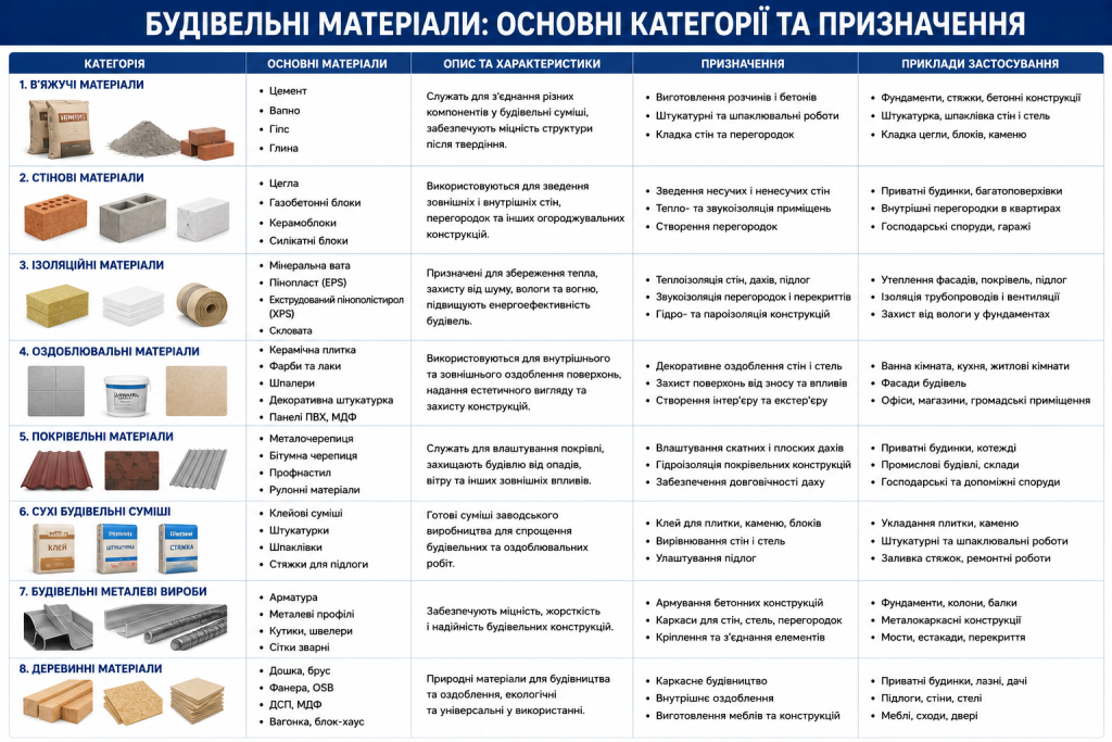 Інфографіка з класифікацією будівельних матеріалів за категоріями та сферами застосування