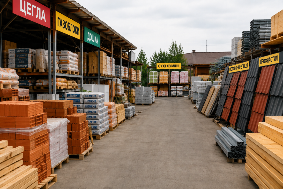 Ряди стелажів будівельного ринку з цеглою, газоблоками, дошками та металочерепицею
