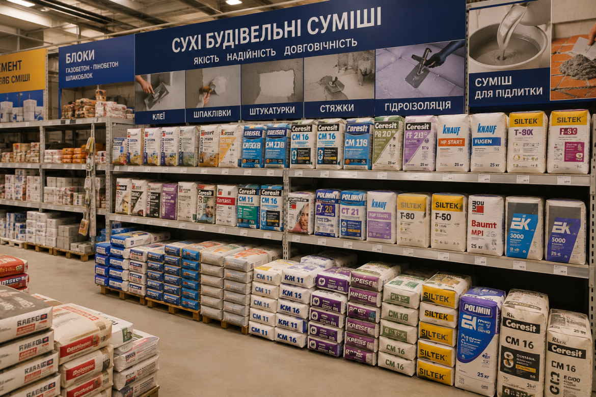 Полиці з мішками сухих будівельних сумішей різних брендів у будівельному магазині
