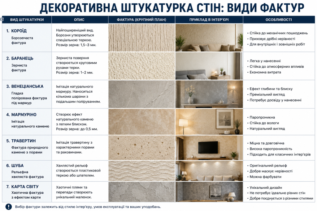 Інфографіка з основними видами декоративної штукатурки для стін, прикладами фактур, описом, особливостями та варіантами використання в інтер'єрі.