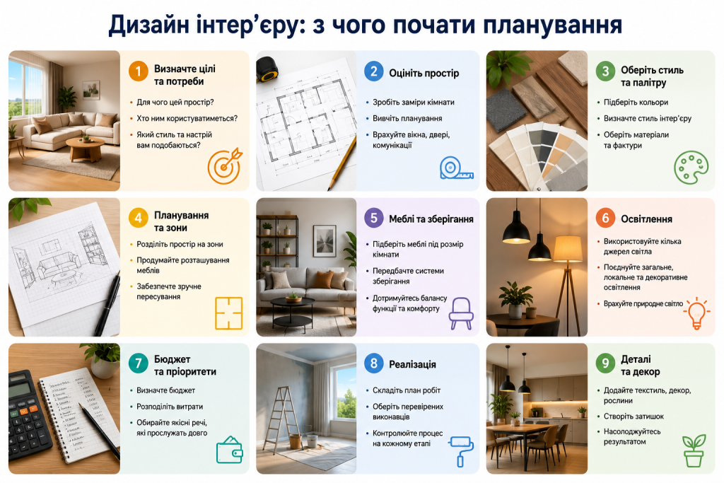 Інфографіка з дев'ятьма кроками планування дизайну інтер'єру від цілей до декору