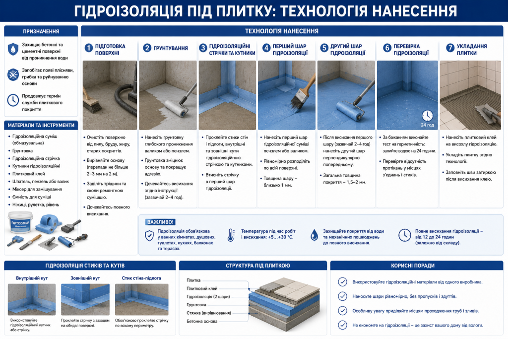 Інфографіка з сімома етапами нанесення гідроізоляції під плитку та структурою покриття