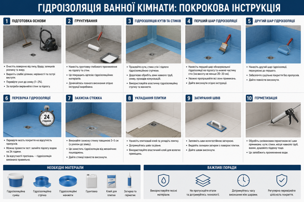 Десять кроків гідроізоляції ванної кімнати від підготовки основи до герметизації швів