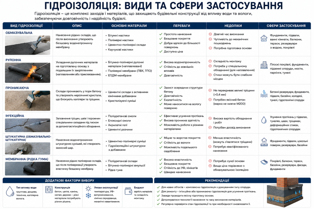 Порівняльна таблиця видів гідроізоляції за матеріалами, перевагами та сферами використання