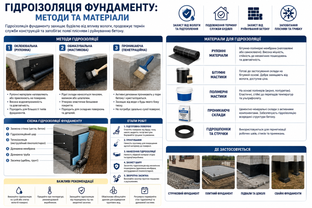 Інфографіка з методами та матеріалами гідроізоляції фундаменту: рулонна, обмазувальна та проникаюча