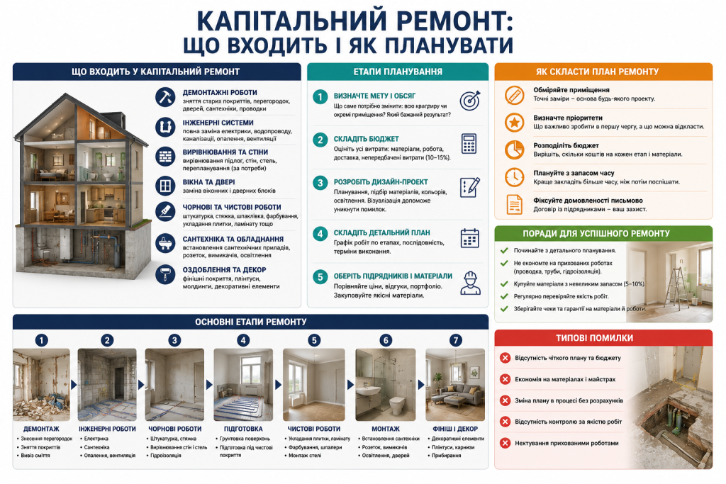 Інфографіка з етапами капітального ремонту, плануванням бюджету та типовими помилками