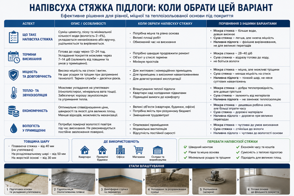 Інфографіка з порівнянням напівсухої стяжки підлоги з іншими варіантами та етапами влаштування
