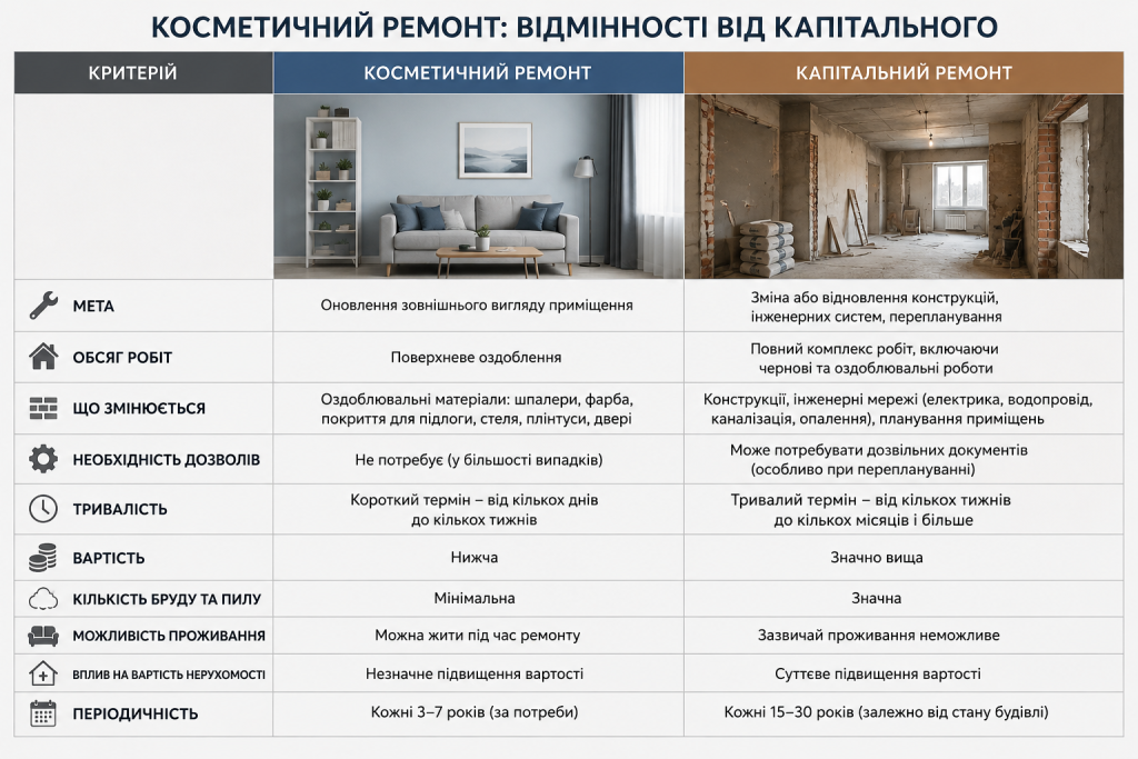 Порівняльна таблиця косметичного та капітального ремонту за критеріями мети, вартості та термінів