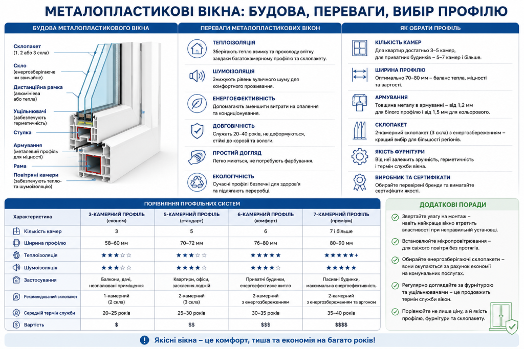 Інфографіка з описом будови, переваг та критеріїв вибору металопластикових вікон