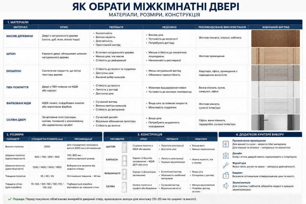 Інфографіка з матеріалами, стандартними розмірами та типами конструкцій міжкімнатних дверей