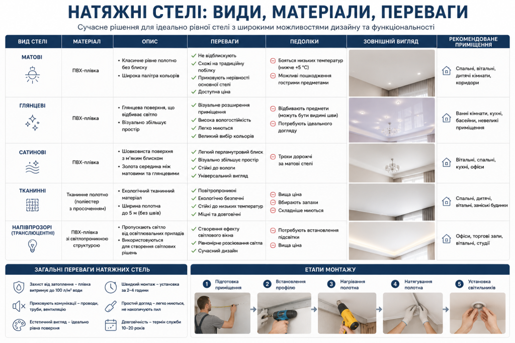 Порівняльна таблиця видів натяжних стель та етапи їх монтажу