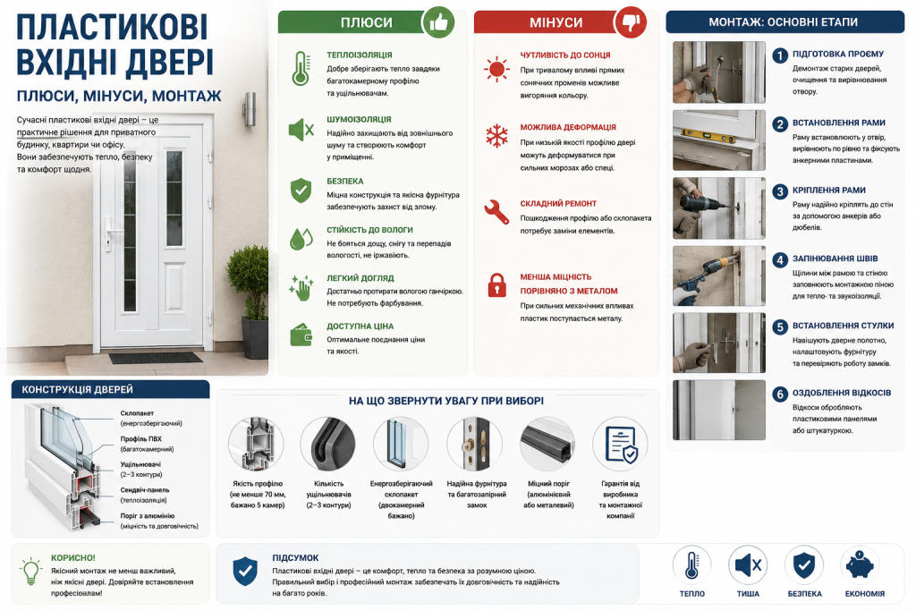 Інфографіка про переваги, недоліки, конструкцію та монтаж пластикових вхідних дверей