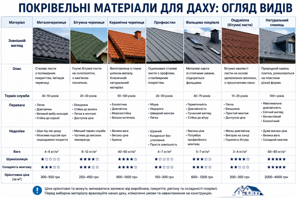 Інфографіка з порівнянням металочерепиці, бітумної, керамічної черепиці, профнастилу, фальцевої покрівлі, ондуліну та натурального сланцю за характеристиками, перевагами й терміном служби.