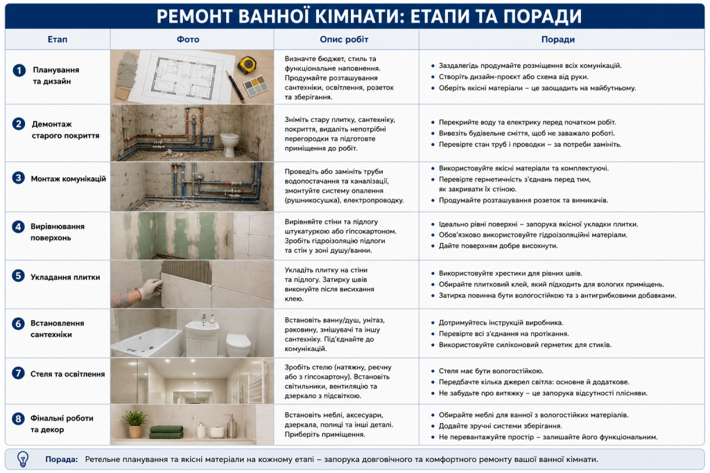 Інфографіка з основними етапами ремонту ванної кімнати від планування до завершення робіт.