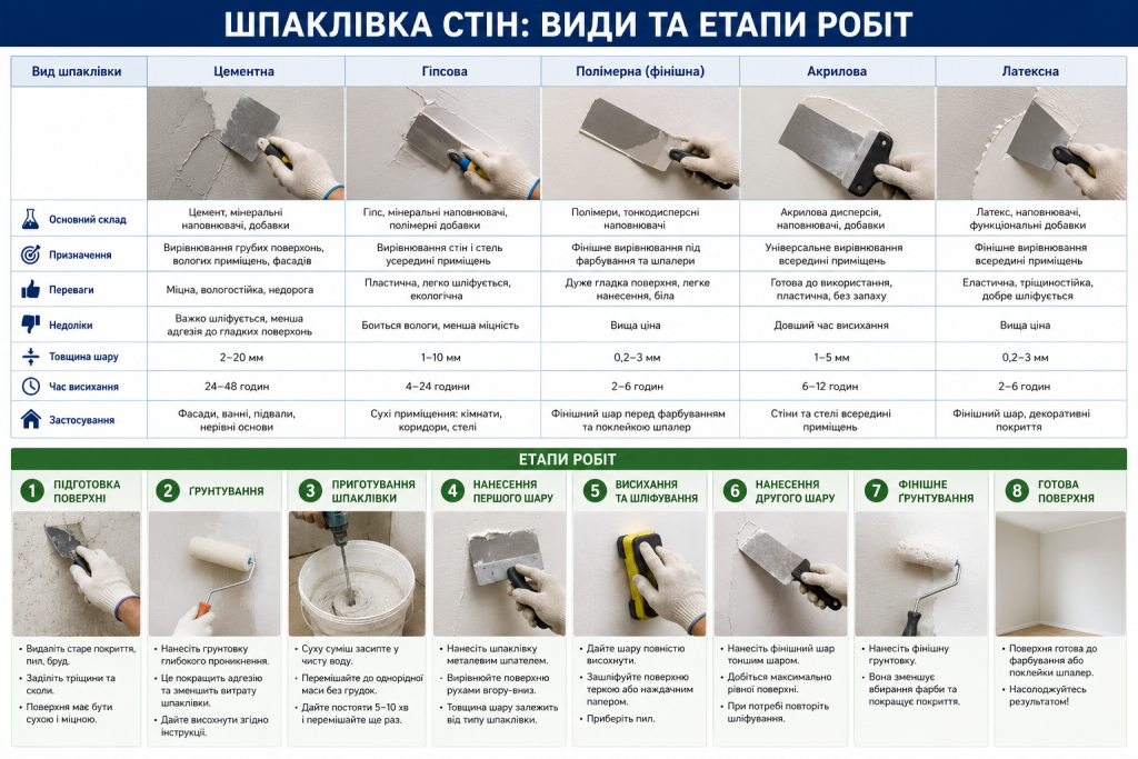 Порівняльна таблиця видів шпаклівки та восьмиетапна інструкція шпаклювання стін
