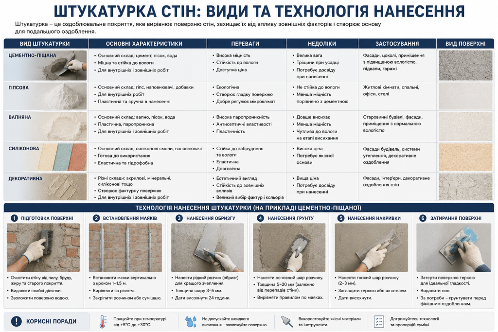 Порівняльна таблиця видів штукатурки та шість етапів технології нанесення на стіни