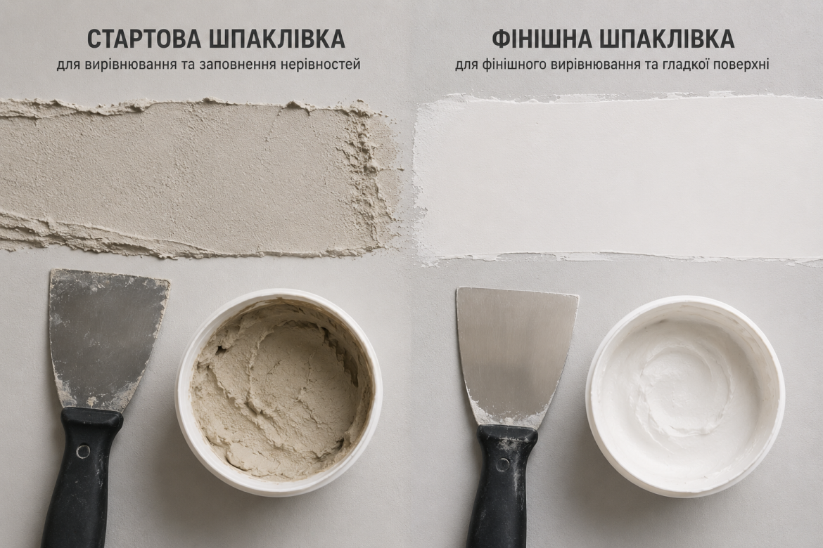 Зразки нанесення стартової сірої та фінішної білої шпаклівки зі шпателями