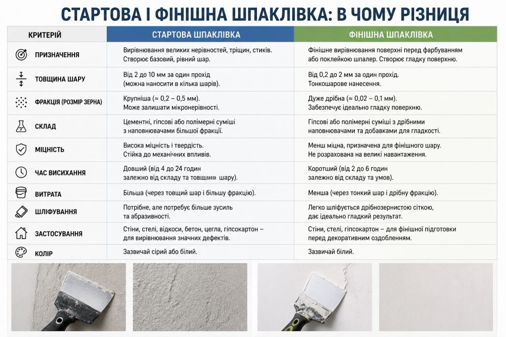 Таблиця порівняння стартової та фінішної шпаклівки за складом, товщиною шару та застосуванням