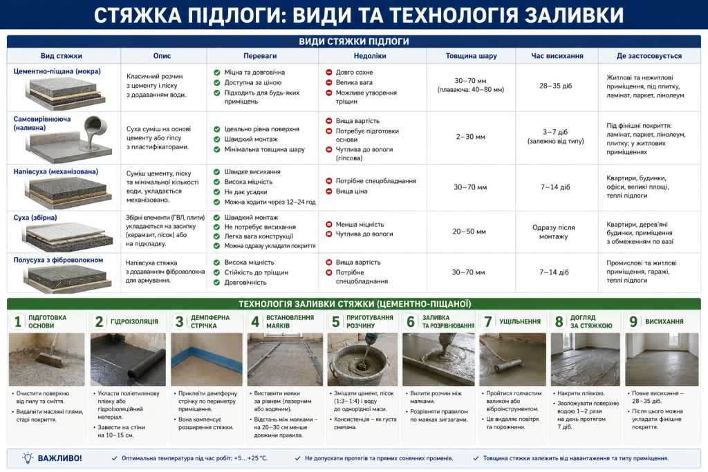Порівняльна таблиця видів стяжки підлоги та дев'ять етапів технології заливки