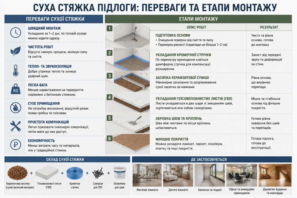Інфографіка з перевагами сухої стяжки та покроковими етапами її монтажу