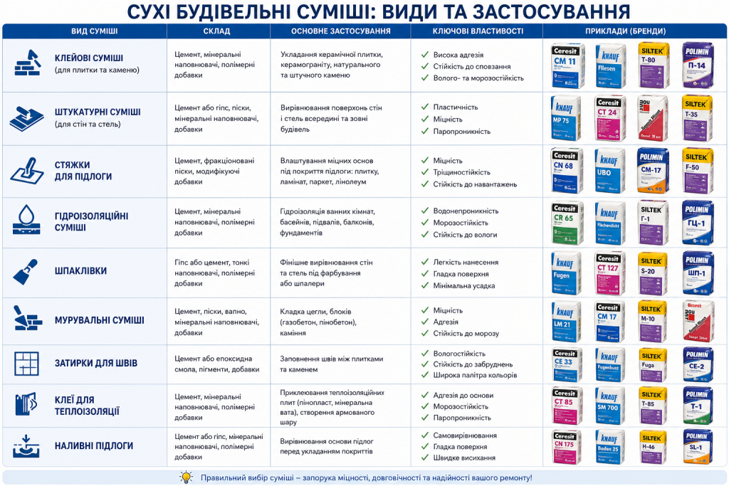 Порівняльна таблиця видів сухих будівельних сумішей з прикладами брендів