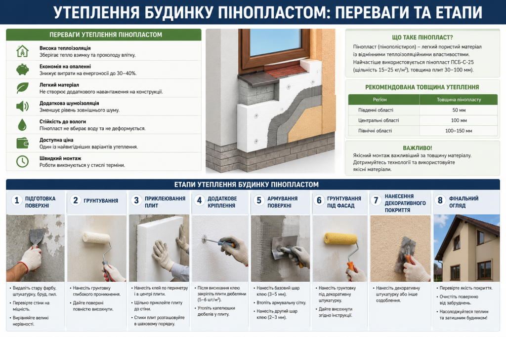 Інфографіка про переваги утеплення пінопластом та покрокові етапи монтажу