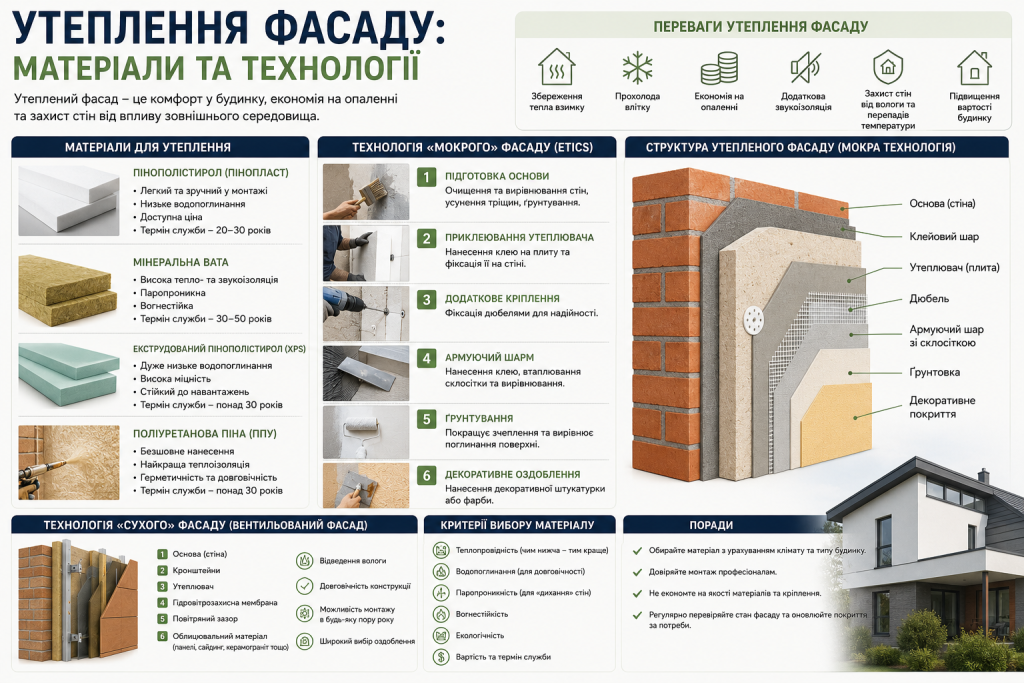 Інфографіка з матеріалами для утеплення фасаду та технологіями мокрого і сухого фасаду