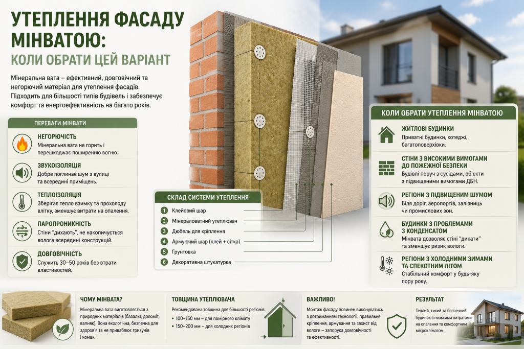 Інфографіка про переваги утеплення фасаду мінеральною ватою та структуру системи утеплення