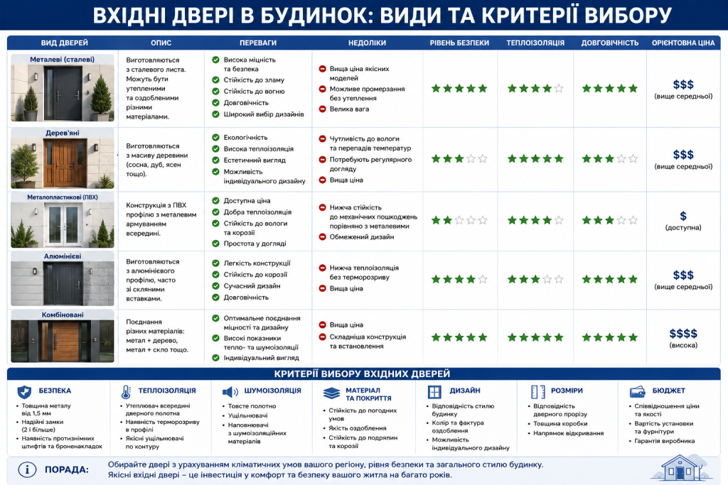 Порівняльна таблиця видів вхідних дверей за матеріалом, безпекою та ціною