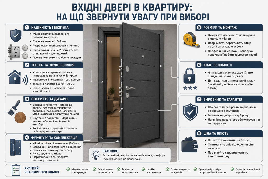 Інфографіка з критеріями вибору вхідних дверей: надійність, ізоляція, фурнітура та клас взломостійкості