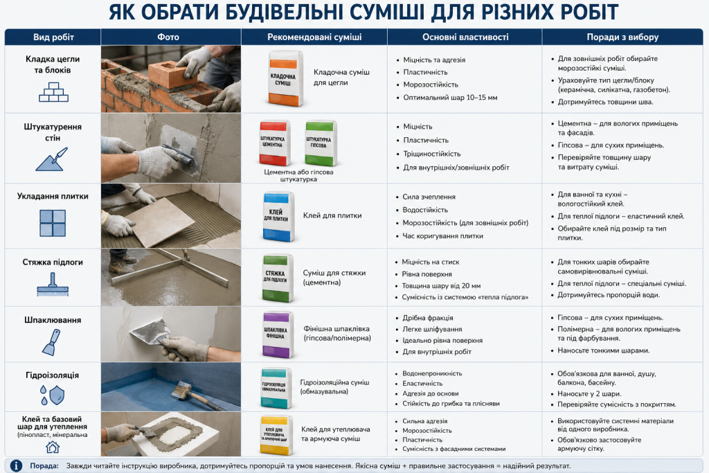 Інфографіка про вибір будівельних сумішей для кладки, штукатурки, плитки, стяжки та гідроізоляції.