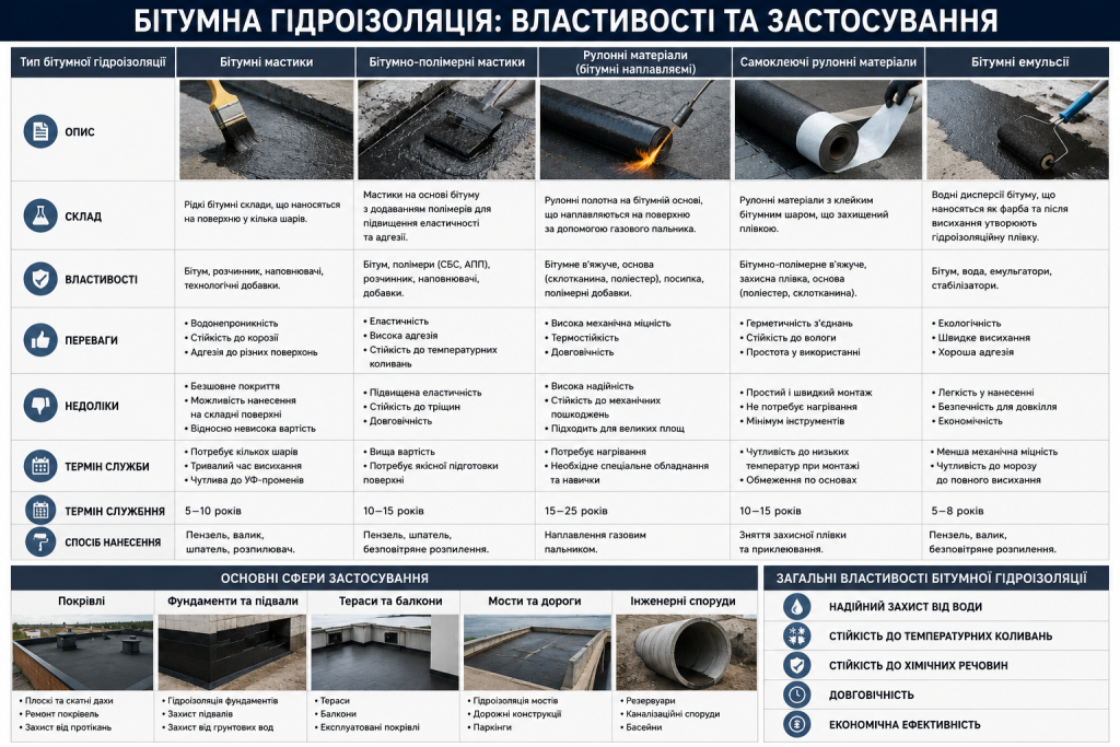 Інфографіка про види бітумної гідроізоляції, їх склад, властивості, переваги, термін служби та сфери застосування