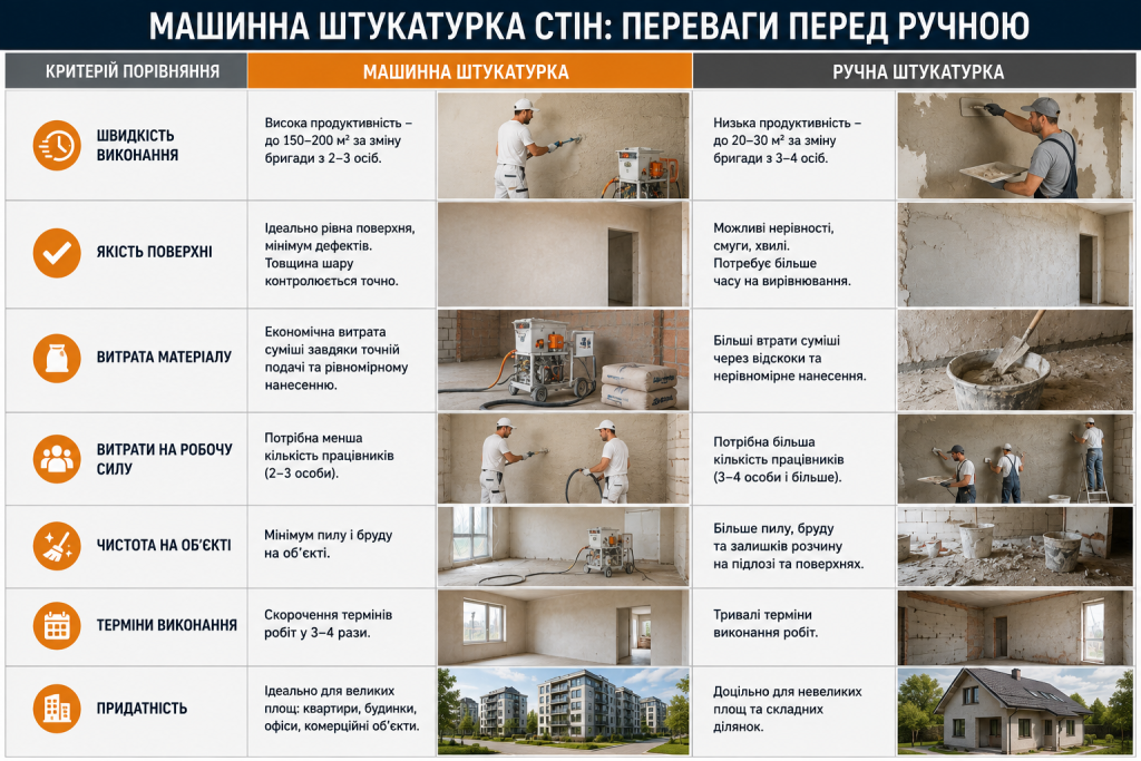 Порівняльна таблиця машинної та ручної штукатурки стін за швидкістю, якістю поверхні, витратою матеріалу, трудовитратами та термінами робіт