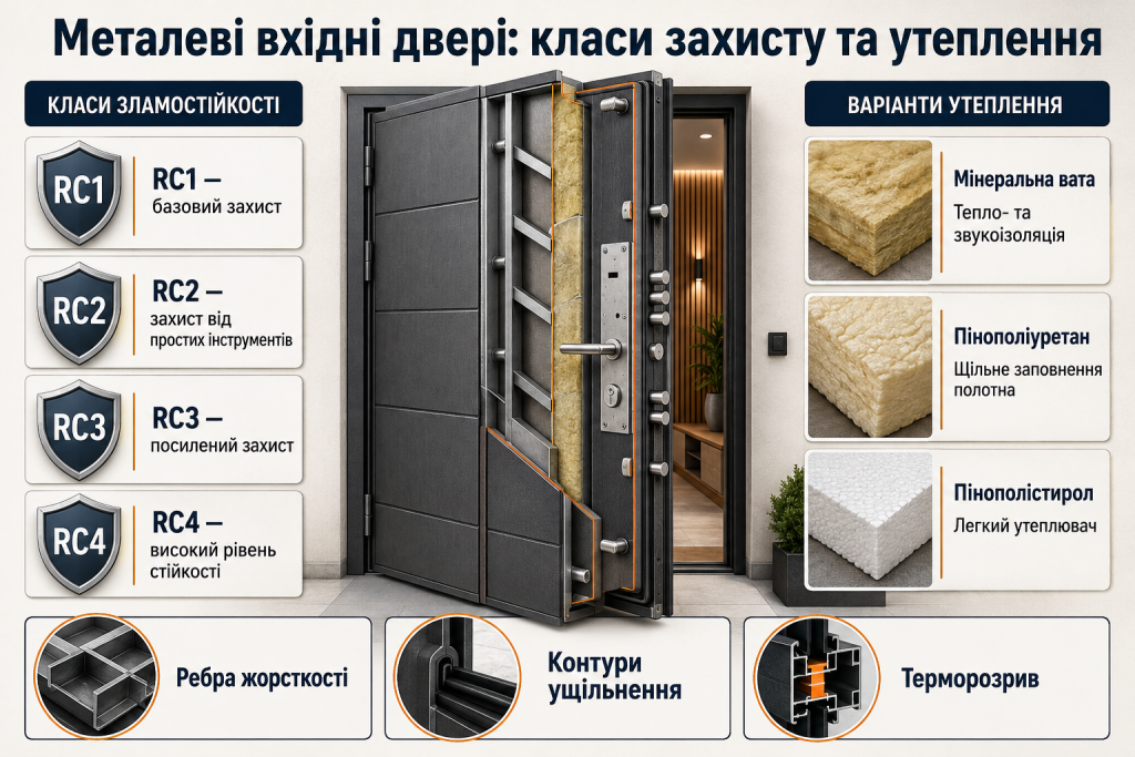 Інфографіка про металеві вхідні двері з класами зламостійкості RC1–RC4, утеплювачами, ребрами жорсткості та контурами ущільнення.