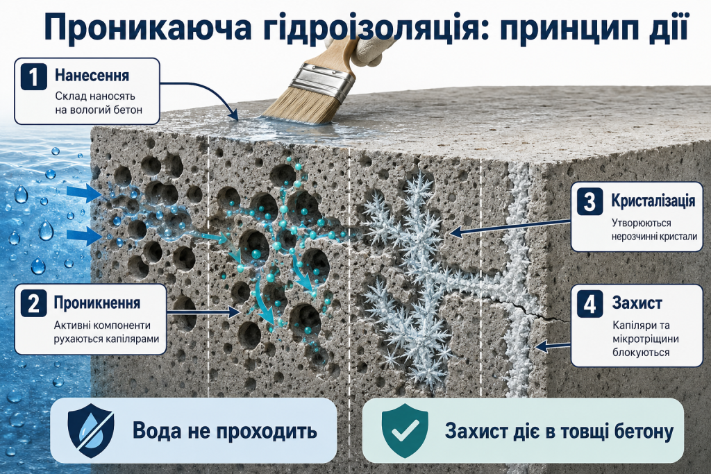 Інфографіка про принцип роботи проникаючої гідроізоляції в бетоні: проникнення активних компонентів, кристалізація та блокування капілярів.