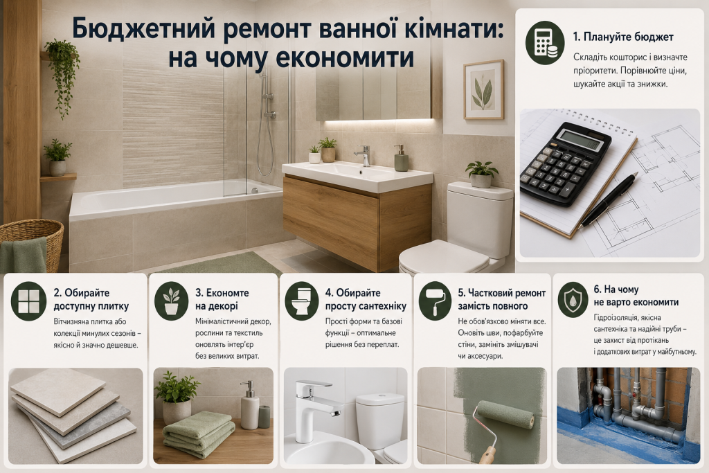 Інфографіка про бюджетний ремонт ванної кімнати з порадами щодо вибору плитки, сантехніки, декору, гідроізоляції та часткового оновлення.