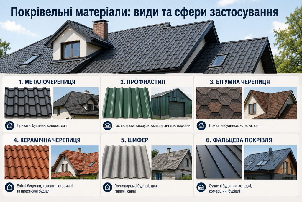 Інфографіка з порівнянням металочерепиці, профнастилу, бітумної та керамічної черепиці, шиферу і фальцевої покрівлі.