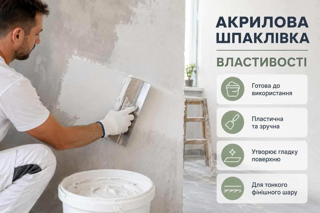 Інфографіка про властивості акрилової шпаклівки та нанесення тонкого фінішного шару на стіну