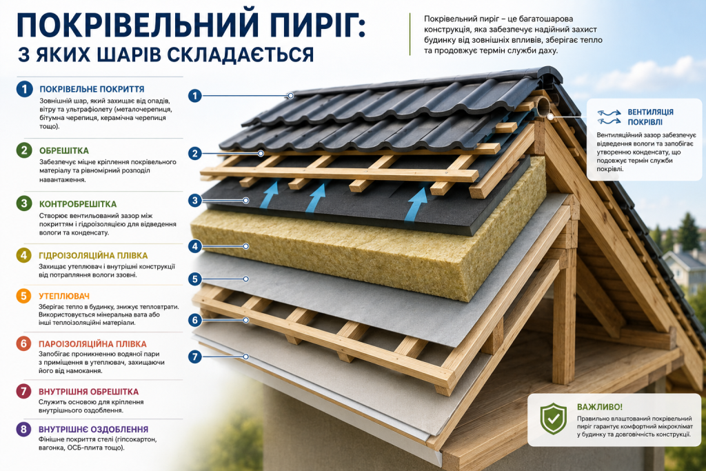 Інфографіка зі схемою покрівельного пирога, що показує покрівельне покриття, обрешітку, гідроізоляцію, утеплювач, пароізоляцію та внутрішнє оздоблення даху.