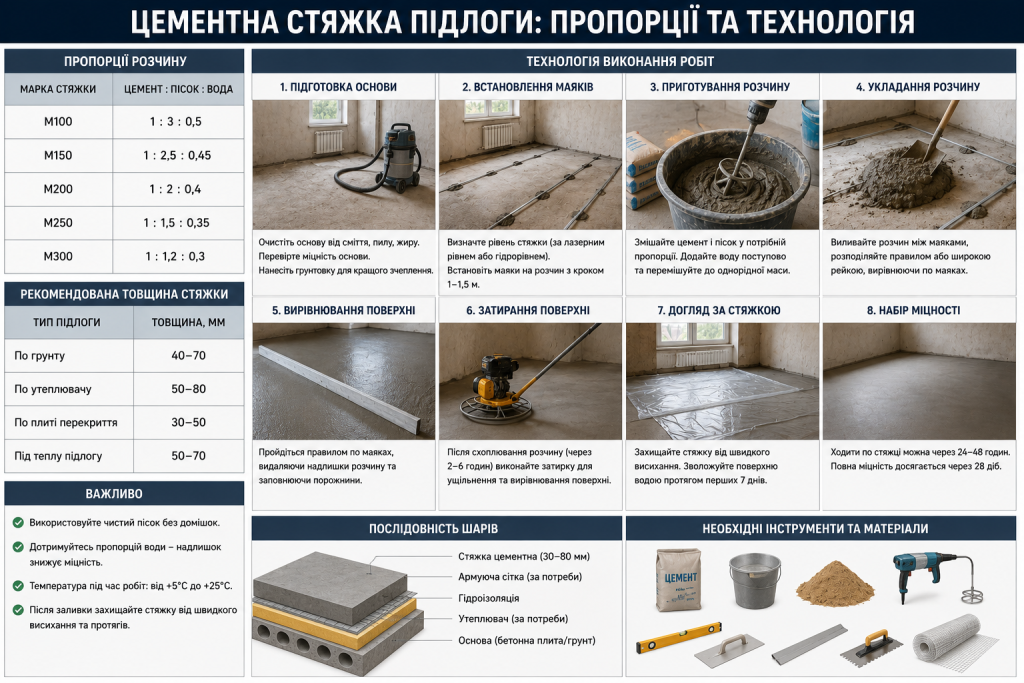 Інфографіка про цементну стяжку підлоги з пропорціями розчину, рекомендованою товщиною, етапами виконання робіт та необхідними інструментами