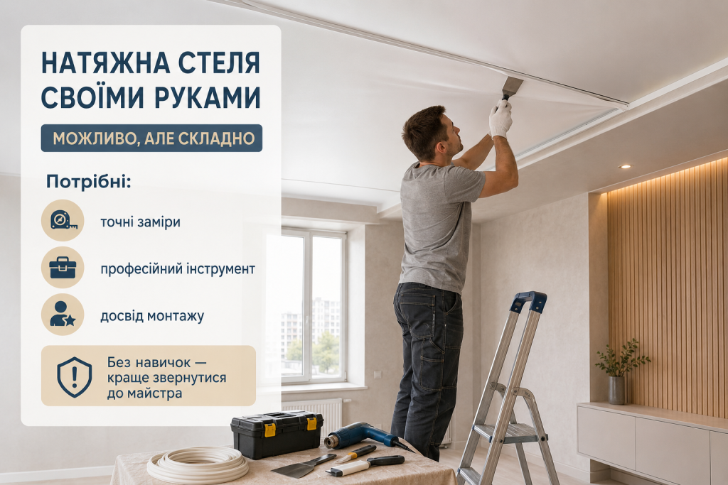 Інфографіка про самостійний монтаж натяжної стелі, необхідні інструменти, точні заміри та досвід роботи