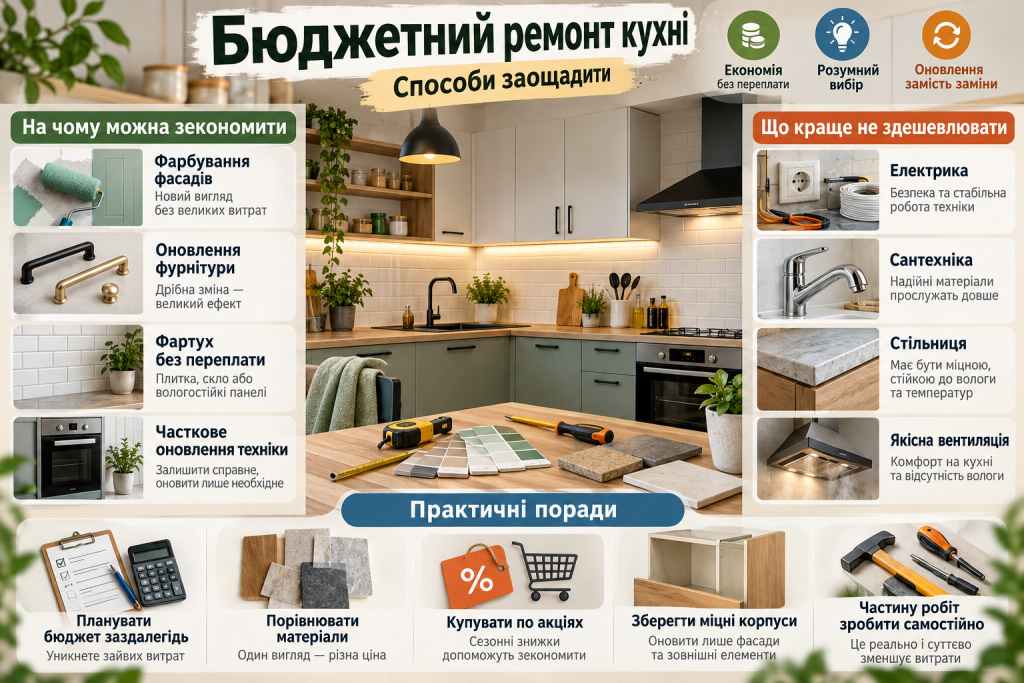 Інфографіка з ідеями бюджетного ремонту кухні, оновленням кухонних фасадів, заміною фурнітури, вибором матеріалів та практичними порадами щодо економії.
