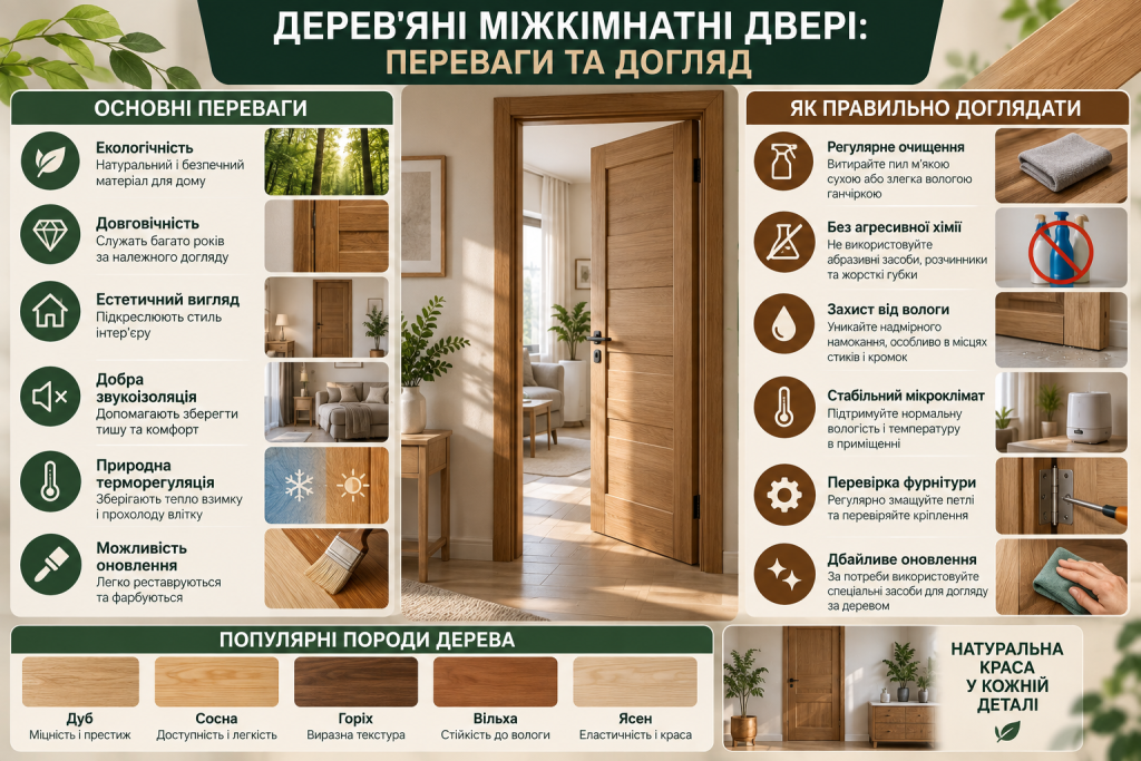Інфографіка про переваги дерев’яних міжкімнатних дверей, популярні породи дерева та правила догляду