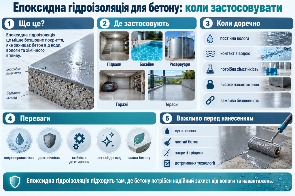 Інфографіка про епоксидну гідроізоляцію бетону, сфери застосування, переваги та підготовку поверхні