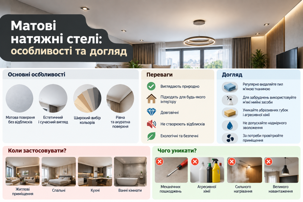 Інфографіка про матові натяжні стелі, їх особливості, переваги, застосування та правила догляду