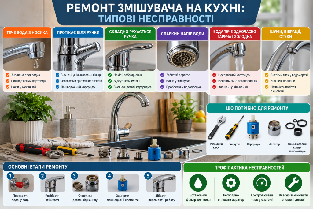 Інфографіка про типові несправності кухонного змішувача, причини протікання, слабкого напору та основні етапи ремонту