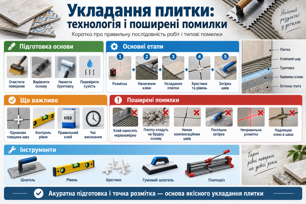 Інфографіка про технологію укладання плитки, підготовку основи, нанесення клею, вирівнювання та типові помилки.