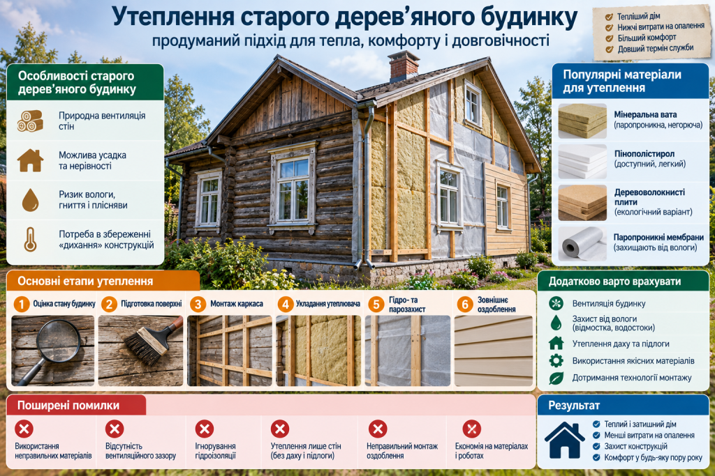 Інфографіка про утеплення старого дерев’яного будинку, вибір матеріалів, етапи монтажу та поширені помилки.